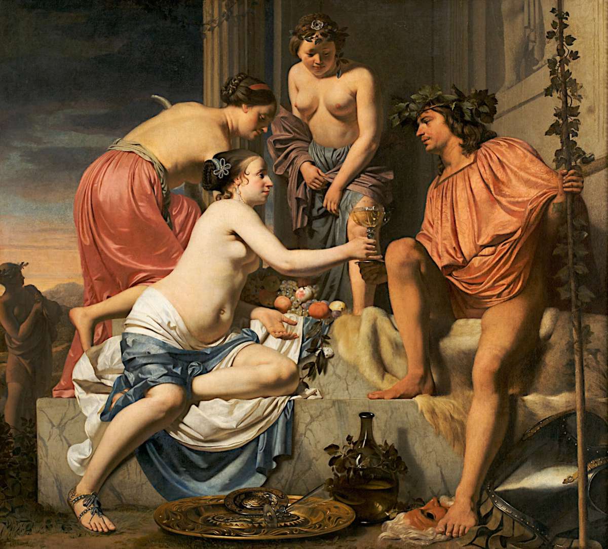 Bacchus sur un trône, Nymphes offrant à Bacchus du vin et des fruits, par Caesar Boetius van Everdingen, vers 1670