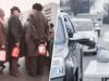 File d'attente en Russie soviétique pour la nourriture, file de voitures pour la banque alimentaire aux États-Unis