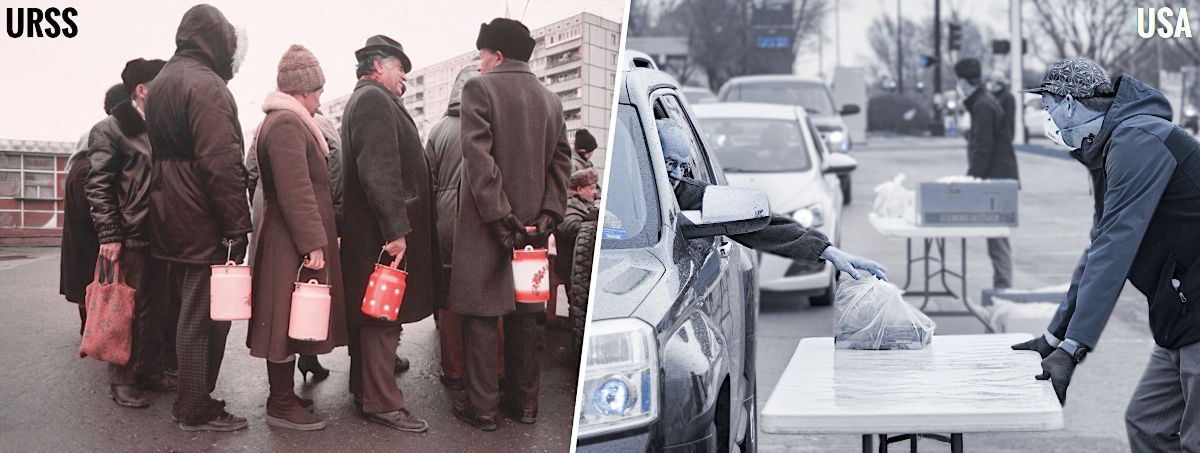File d'attente en Russie soviétique pour la nourriture, file de voitures pour la banque alimentaire aux États-Unis