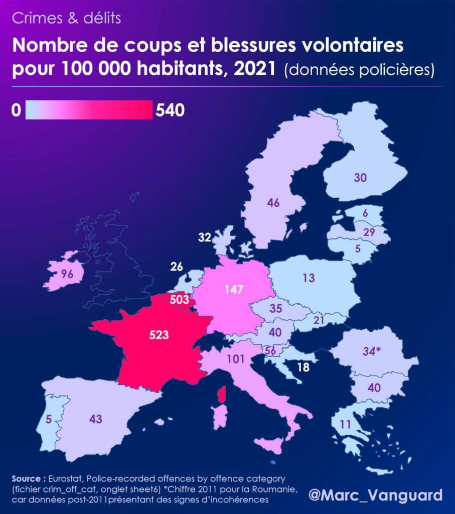 Nombre de coups et blessures volontaires pour 100.000 habitants en Europe, 2021