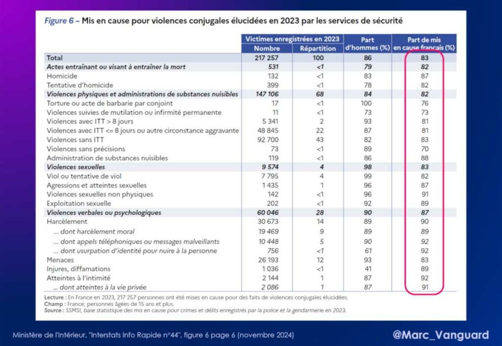 En 2023, alors que les étrangers représentent 8% de la population, ils représentent une part importante des mis en cause pour violences sexuelles conjugales