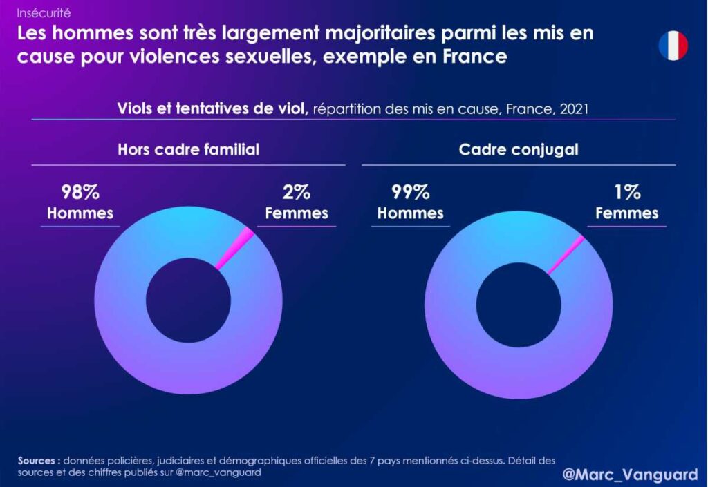 En France, les hommes sont très largement majoritaires parmi les mis en cause pour violences sexuelles