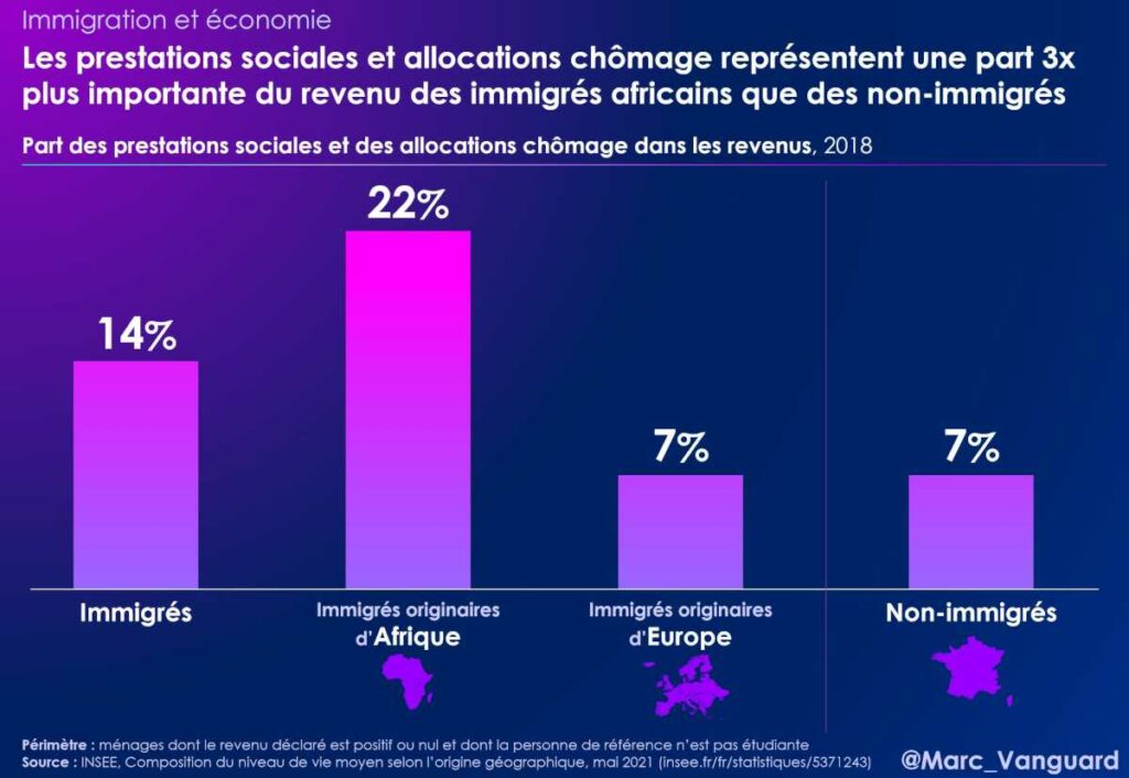 Les prestations sociales représentent une part trois fois plus élevée du revenu des immigrés africains que des non-immigrés Les prestations sociales représentent une part trois fois plus élevée du revenu des immigrés africains que des non-immigrés