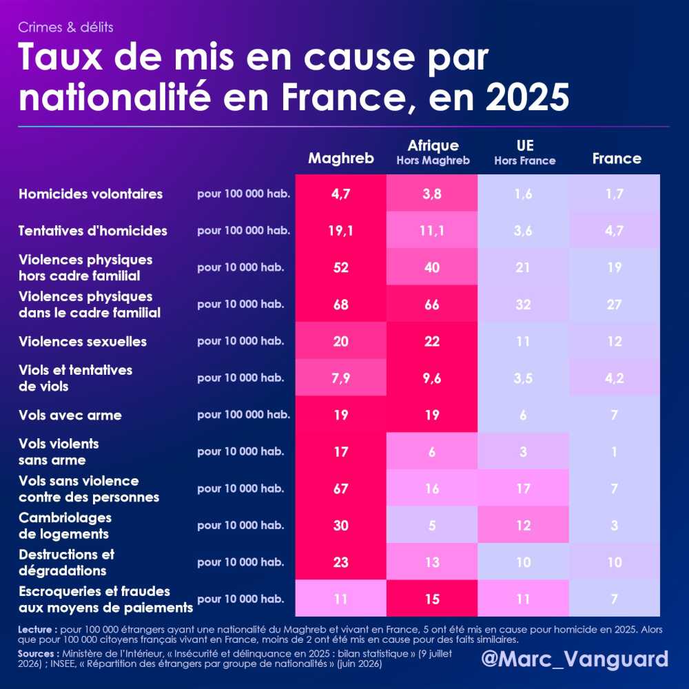 Taux de mis en cause par nationalité en France, 2025 Taux de mis en cause par nationalité en France, 2025